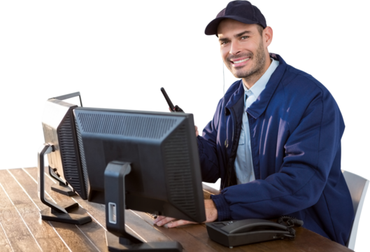 Portrait of happy security officer sitting at desk - Powered by Adobe