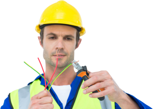 Handsome electrician cutting wire with pliers