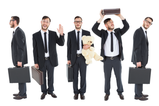 Multiple image of businessman holding teddy bear and briefcase - Powered by Adobe