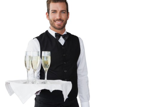 Handsome smiling waiter holding tray of champagne 