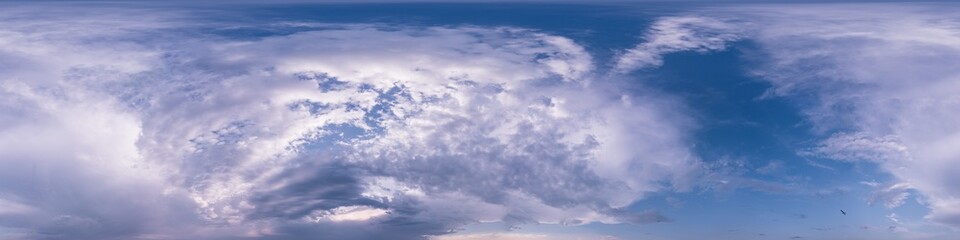 Dark blue sunset sky panorama with puffy Cumulus clouds. Seamless hdr 360 panorama in spherical equirectangular format. Full zenith for 3D visualization, sky replacement for aerial drone panoramas.