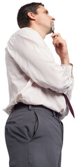 Thoughtful businessman holding pen to chin