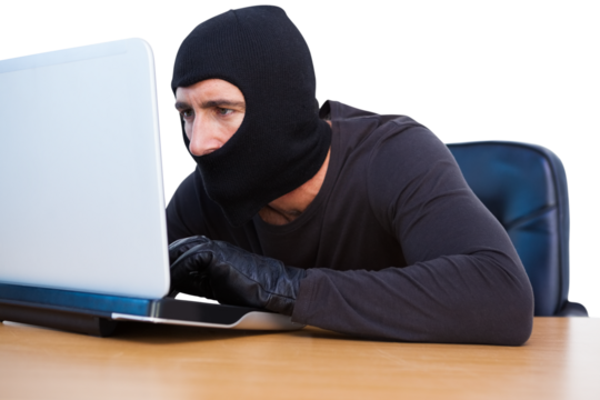 Burglar typing on laptop and looking at camera