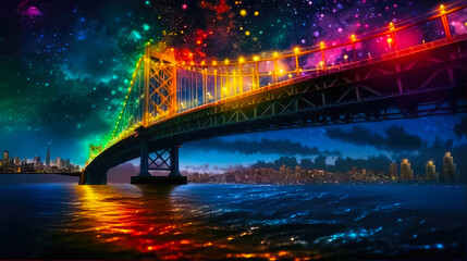 Colorful landscape with a shimmering rainbow bridge - obrazy, fototapety, plakaty