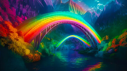 Shimmering rainbow bridge landscape