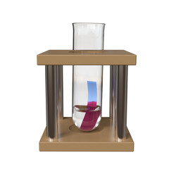 3D illustration of a test tube rack holding a test tube. In the test tube is a colorless liquid. Dipped into the liquid is a blue litmus paper that turns red.