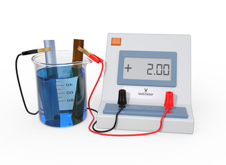 3D illustration of a beaker containing a blue liquid and two different metals attached with wires to a voltmeter. The voltmeter is showing a reading.