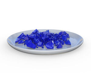 3D illustration of blue crystalline fragments on a gray plate.