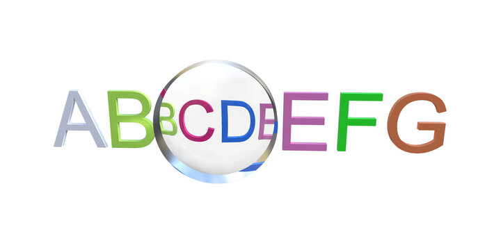 3D illustration of letters ABCDEFG. In front of the letters is a concave lens showing a diminished virtual image of the letters.