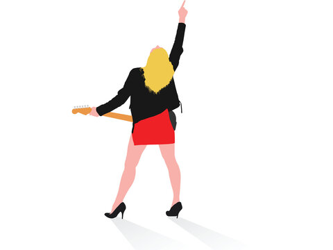 woman with guitar while arm raised
