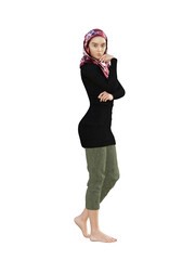 3D illustration of a young female standing. She is wearing a head scarf, a dark long sleeve shirt, and dark green trousers.  