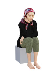 3D illustration of a young female sitting. She is wearing a head scarf, a dark long sleeve shirt, and dark green trousers.  
