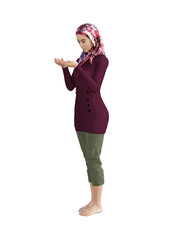 3D illustration of a young female standing. She is wearing a head scarf, a long sleeve dark maroon shirt, and dark green trousers.  She looks down at her hands which are held in a praying pose.