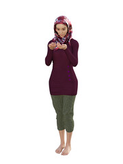 3D illustration of a young female standing. She is wearing a head scarf, a long sleeve dark maroon shirt, and dark green trousers.  She looks down at her hands which are held in a praying pose.