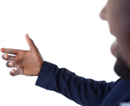 Cropped image of businessman holding glass interface - Powered by Adobe