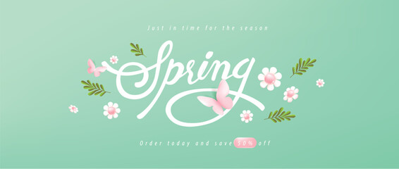 Spring Sale Header or Banner Design Promotion layout with fresh bloom flowers and butterfly elements