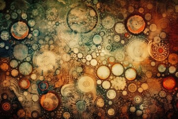 abstract painting featuring circles on a rich brown background. Generative AI