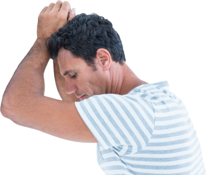 Upset man leaning on white background