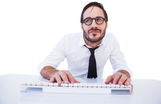 Business worker with reading glasses on computer