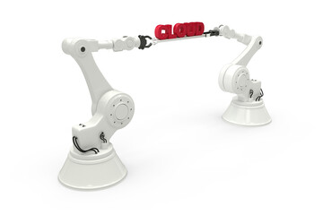 Computer generated image of robotic hands holding cloud text