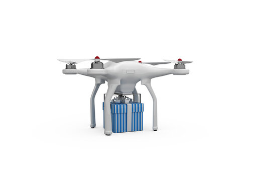 Digitally generated image of quadcopter with blue and white striped gift box