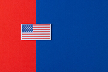 High angle view of flag of united states of america with copy space on blue and red background