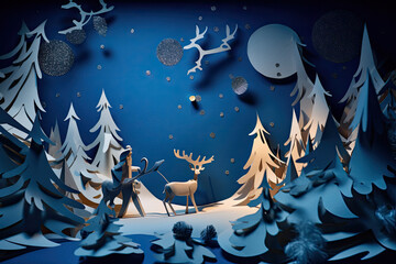some trees and animals in the night sky with snow falling from their tops, as if it's christmas time. Generative AI