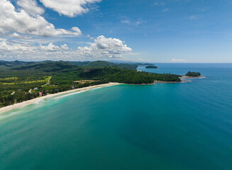 Aerial view of bays and lagoons with beaches on the coast of the island of Borneo. Sabah, Malaysia.