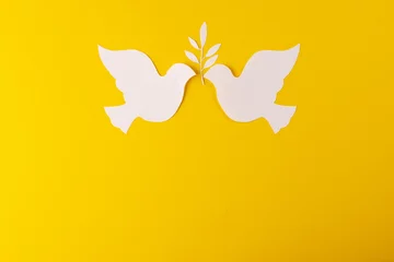 Wandcirkels plexiglas Close up of two white doves with leaf and copy space on yellow background © vectorfusionart