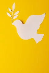 Foto op Plexiglas Close up of white dove with leaf and copy space on yellow background © vectorfusionart