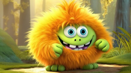 Naklejka premium cartoon style, Monster is covered in soft, fluffy fur that changes color with the seasons. Generative ai.