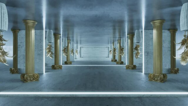 Moving in a concret hallway with golden columns and photo frame in the end