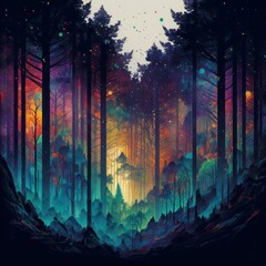 Fototapeta premium Vibrant Rainbow Aurora over a Forest Sky: Colorful Nature at Night on dark background Illustration, generative ai