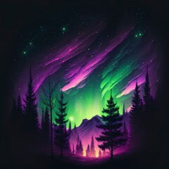 Vibrant Rainbow Aurora over a Forest Sky: Colorful Nature at Night on dark background Illustration, generative ai