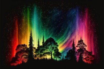 Fototapeta premium Vibrant Rainbow Aurora over a Forest Sky: Colorful Nature at Night on dark background Illustration, generative ai
