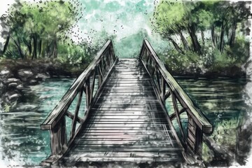 Fototapeta na wymiar wooden bridge crossing a river in nature. Generative AI