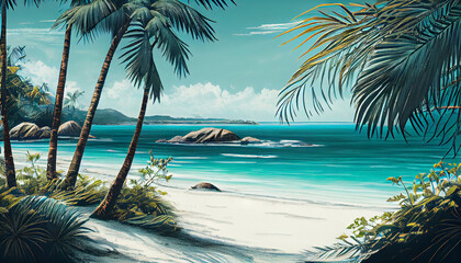 Fototapeta na wymiar Tropical sunset, palm tree, waves, tranquil scene generated by AI