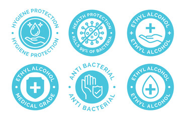 Kills 99.9% bacteria, germs and ethyl alcohol product label. Vector logo of alcohol gel and spray tag for product package.