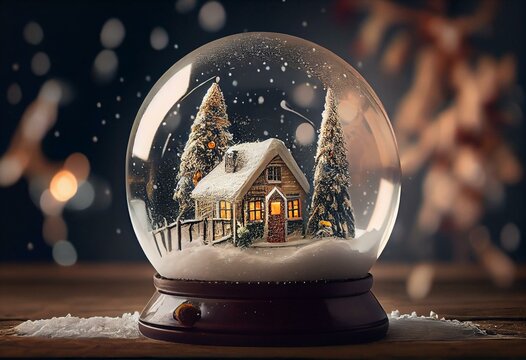 Merry christmas snow globe with a house on snowfall winter background. Generative AI