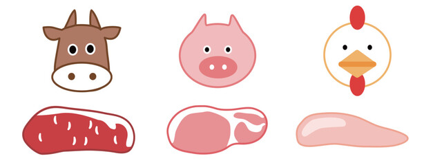牛の顔と牛肉、豚の顔と豚肉、鶏と鶏肉、イラスト