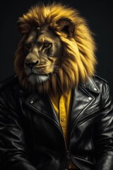 Illustration of a lion wearing a black leather jacket created with Generative AI technology