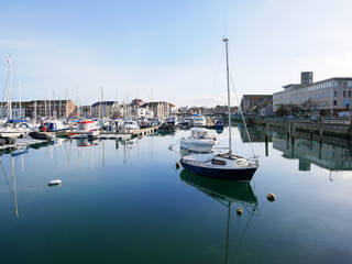 Boats in the old town of Weymouth Harbour and Weymouth Marina in Dorset, England, UK