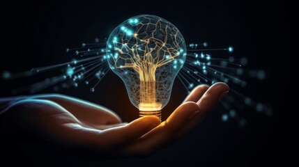 Fototapeta premium Illustration of a hand holding a glowing light bulb with bright ideas created with Generative AI technology