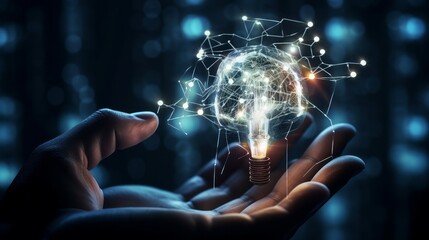 Illustration of a hand holding a glowing light bulb with bright ideas created with Generative AI technology