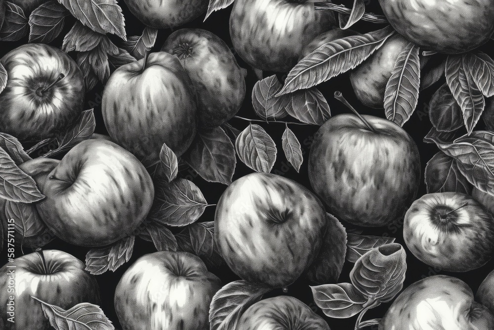 Canvas Prints black and white apples with leaves. Generative AI