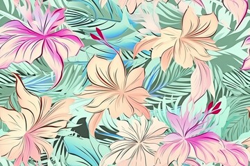 Exotic Colorful Tropical Hibiscus Flowers Hawaiian Pastel Mosaic Abstract Floral Seamless Pattern, Desktop Background, Screensaver with Soft Greens, Yellows, Pinks Purples, and Blues