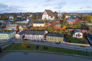 Medieval lutheran cathedral in cityscape on October afternoon (aerial view). Porvoo, Finland