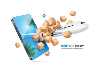 parcel delivery plane along with parcel boxes or cardboard boxes flying out of screen smartphone with screen of coconut trees and summer sky