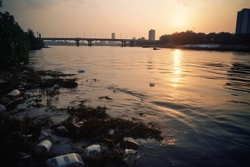 Polluted River with Garbage and Junk: Environmental Problem and Water Pollution