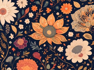 a drawing of a flower on a colorful background pastel flowery background garden flowers pattern pop art, seamless pattern design flowery wallpaper Generative AI